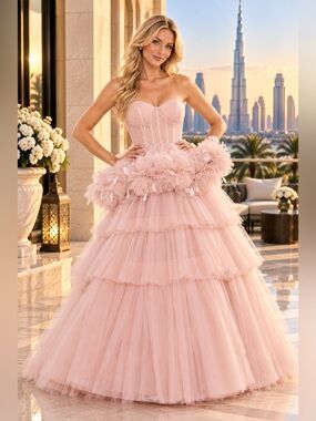 Mac Duggal Strapless Feather-Trim Tiered Tulle Gown - Blush #20572 Size 12